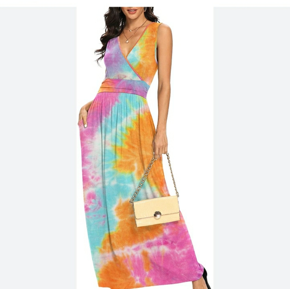 Bohemian Artsy Island tie-dye v-neck sleeveless maxi dress Sz L